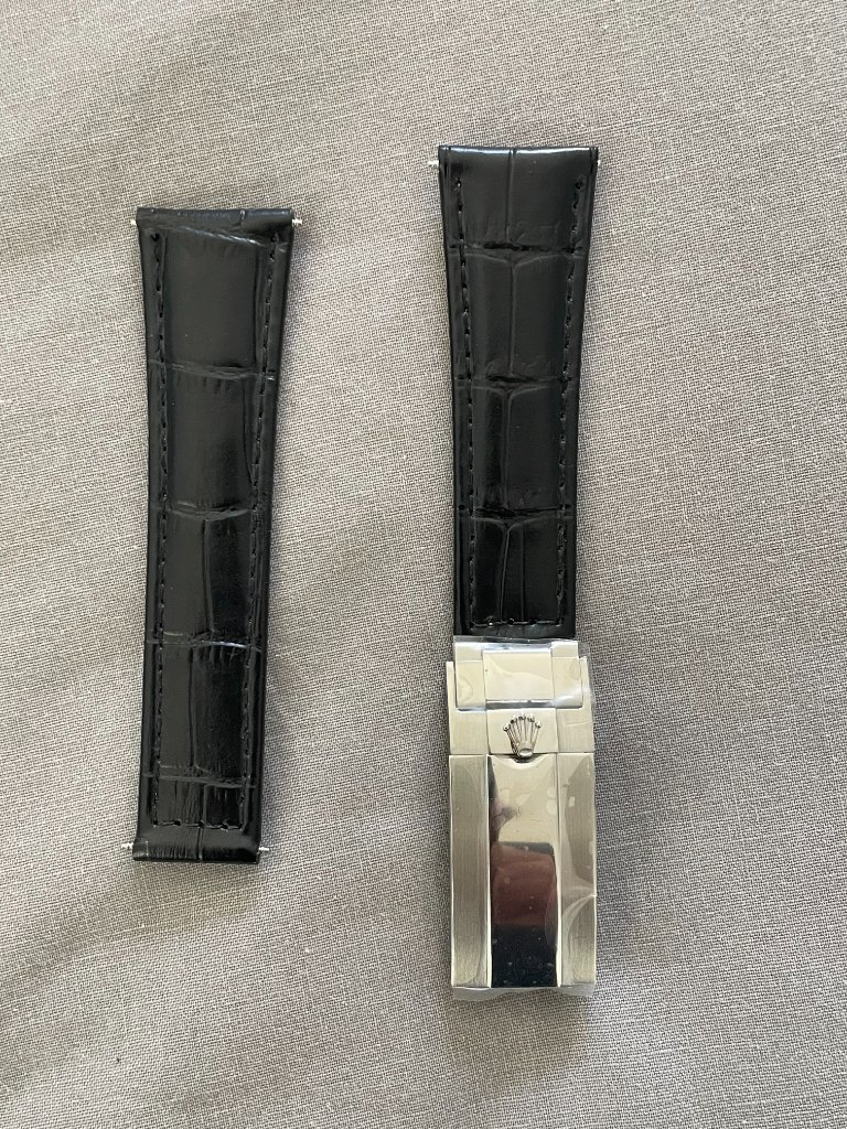Black Leather Watch Band 20mm For Rolex Watches  Steel Deployant Clasp